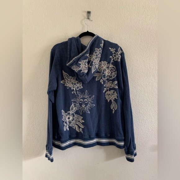 Johnny Was Addison Rib Detail Zip Up Indigo Blue Hoodie Sweatshirt Size Medium - Picture 2 of 12